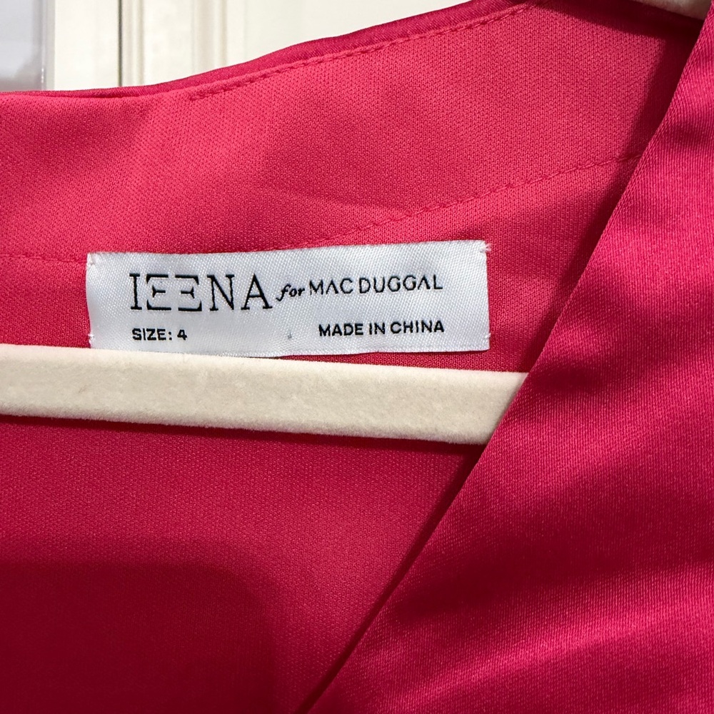 MAC DUGGAL 26625 SATIN RUCHED V-NECK FAUX WRAP LIPSTICK PINK MIDI DRESS sz 4 - Picture 11 of 11